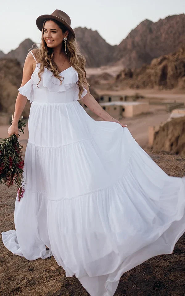 Vestido de novia de gasa de corte A, sin mangas, con volantes y espalda abierta